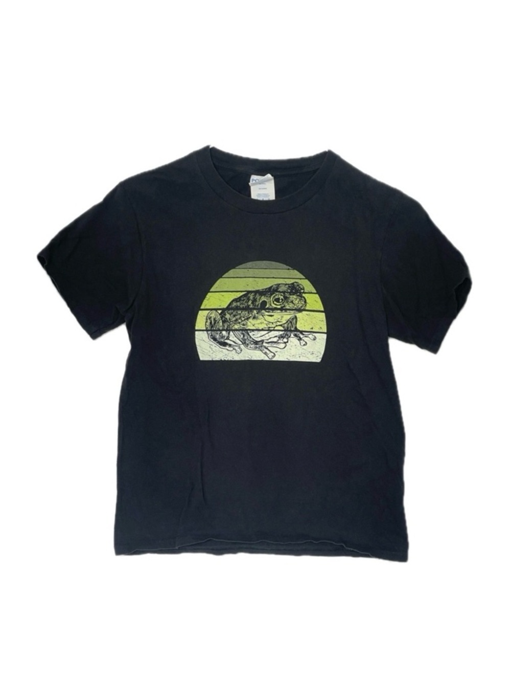 Kids unisex black short sleeve tee shirt with green frog graphic size medium